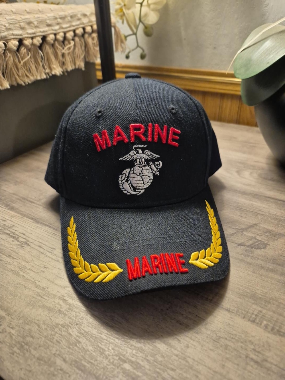Black MARINE Embroidered Baseball Cap with Gold Laurel Detail